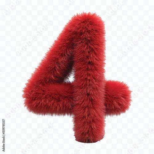 abstract 3d hairy fluffy digit  number 4 in different color style isolated on transparent background