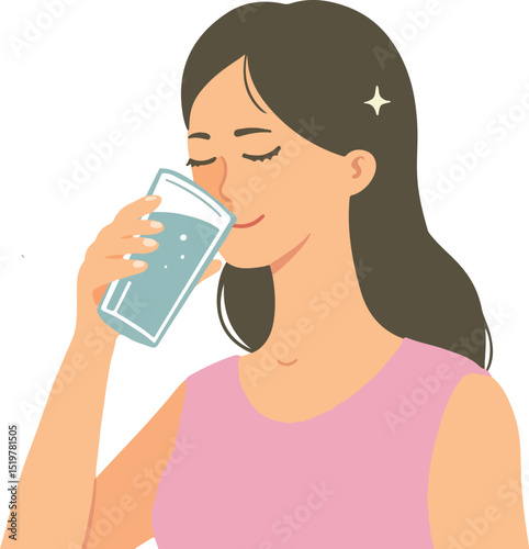 Vector illustration of a happy woman drinking a glass of water. Perfect for themes of hydration, health, wellness, self-care, daily routine, and healthy lifestyle.