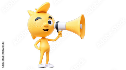 A cheerful cartoon character holds a yellow megaphone.
