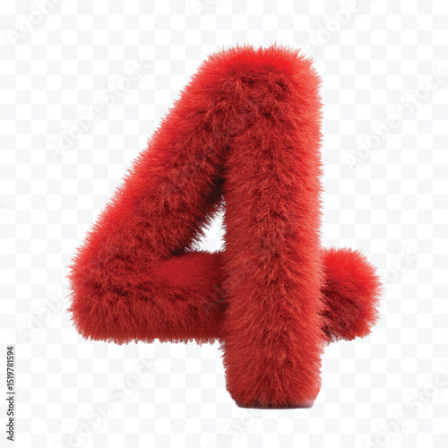 abstract 3d hairy fluffy digit  number 4 in different color style isolated on transparent background