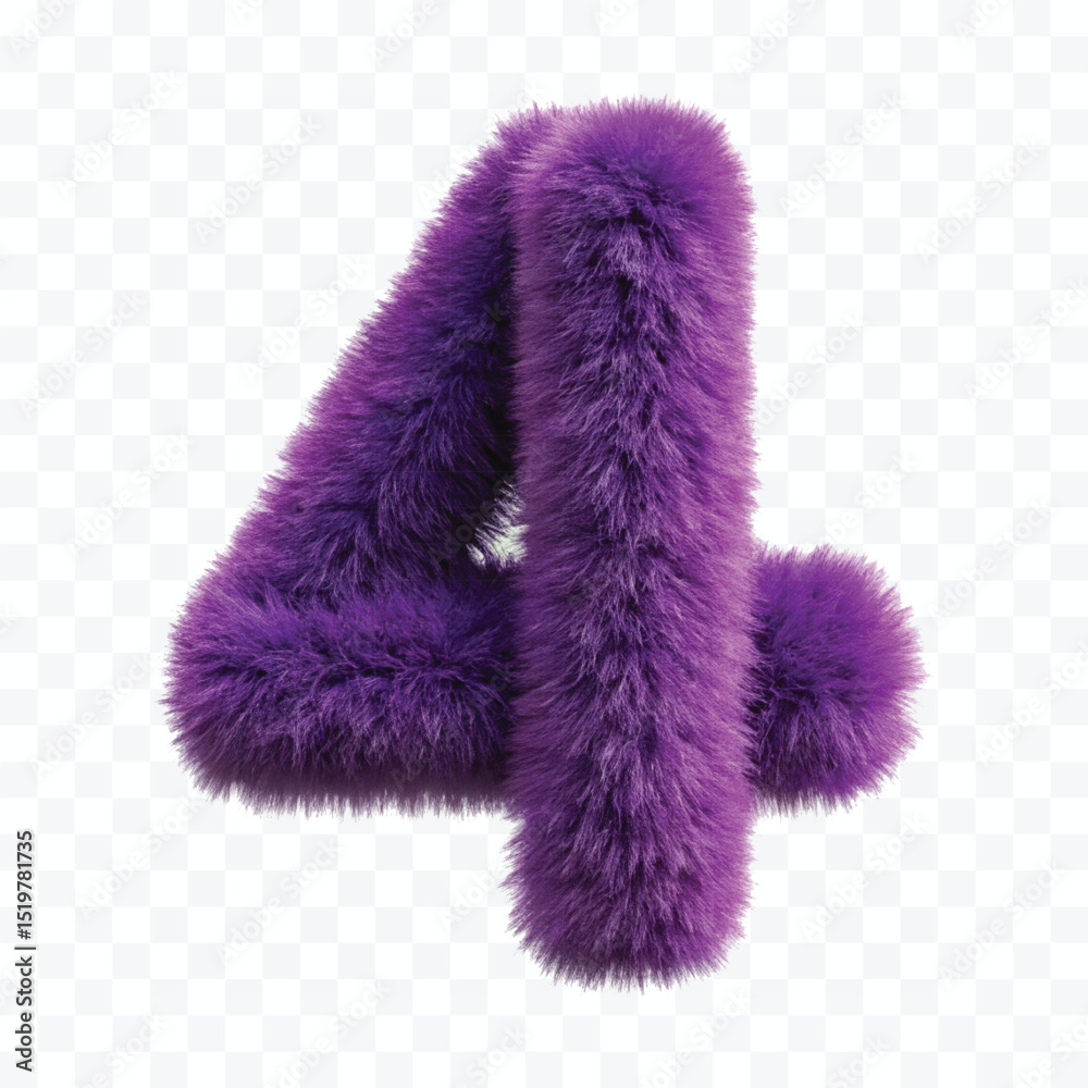 abstract 3d hairy fluffy digit  number 4 in different color style isolated on transparent background