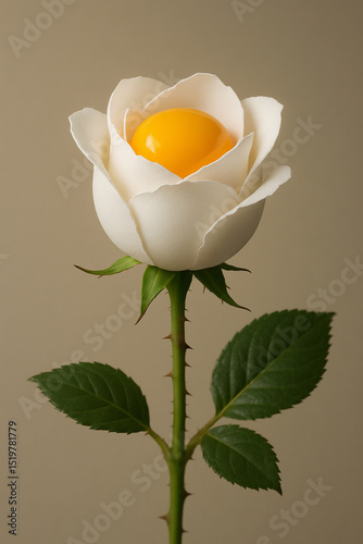 A creative surreal image of a white rose with a yellow egg yolk as its center, symbolizing nature and imagination.
