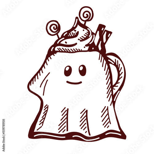 A ghost-shaped mug with a warm drink and fluffy cream on top. Fun seasonal illustration in doodle style for Halloween themes. Black and white vector sketch.