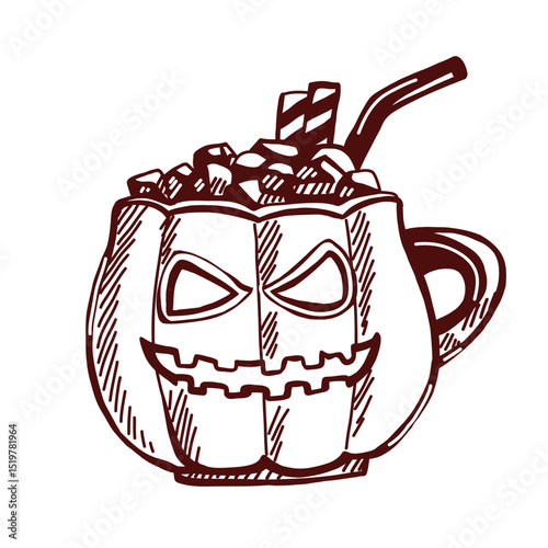 Vector sketch illustration of an autumn warm drink in a pumpkin-shaped mug with marshmallows and sweet wafer tubes. Hand-drawn doodle style. Perfect for seasonal designs and coloring pages.