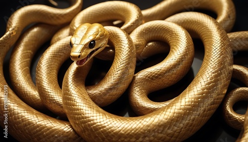 Luxurious Golden Snake Coiled Elegantly on Dark Background, Reptilian Royalty