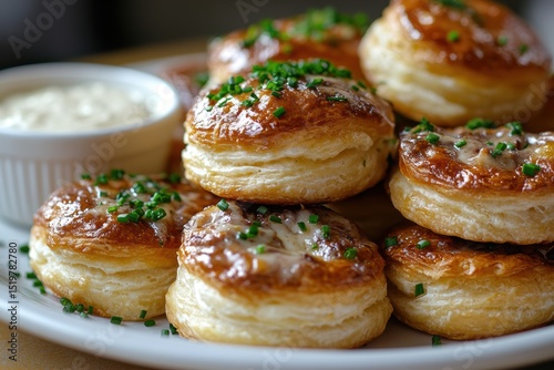 Gourmet Golden Puff Pastry Appetizers with Chives and Dipping Sauce