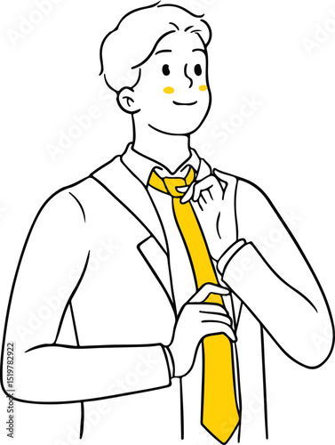 Vector illustration of a man in a suit adjusting his tie. Ideal for themes of business, professionalism, preparation, formal wear, success, or getting ready for work.