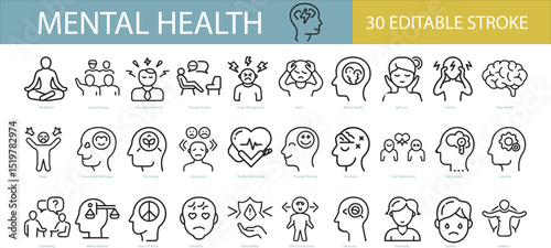 Mental health icon set. Collection of meditation, anger, anxiety, psychosis, depression and more. Vector illustration. Editable stroke.