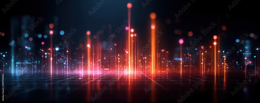 Fototapeta premium Banking Analysis Concepts. A futuristic digital landscape with glowing vertical light bars and abstract cityscape elements on a dark grid background.