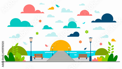 A peaceful moment at the pier witness the sunrise from a calm waterfront promenade on a bright day in vector