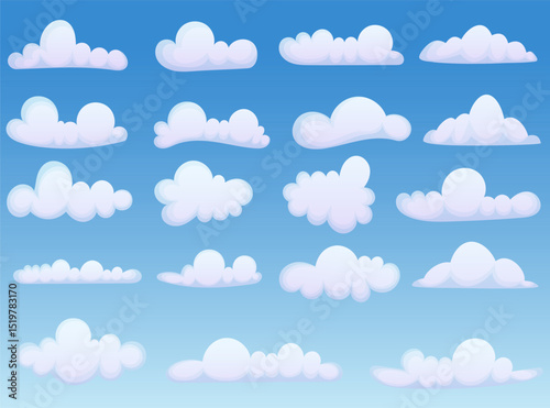 Cartoon fluffy cloud set. White clouds in a blue sky collection. 