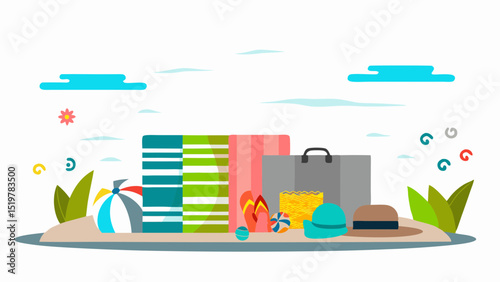 A delightful vacation scene with beach towels flip flops and a beach ball promising a relaxing getaway by the