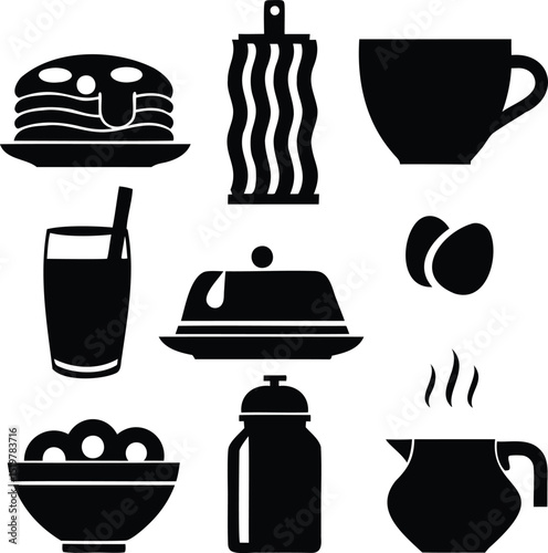 Black silhouette vector icon set of breakfast dishes and kitchen utensils including pancakes, cup, eggs, butter dish, bowl, juice, and coffee pot, ideal for cafe menu, food service, and culinary desig