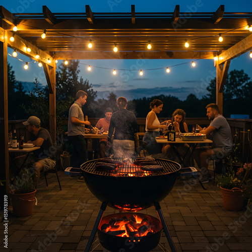 Evening Gathering: Friends Enjoying Outdoor Dinner Under a Pergola with Grill