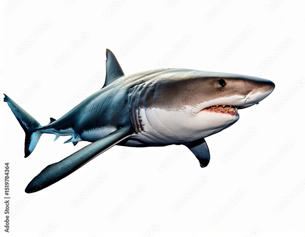Naklejka premium Great White Shark Isolated on White Background – High Resolution Close-Up