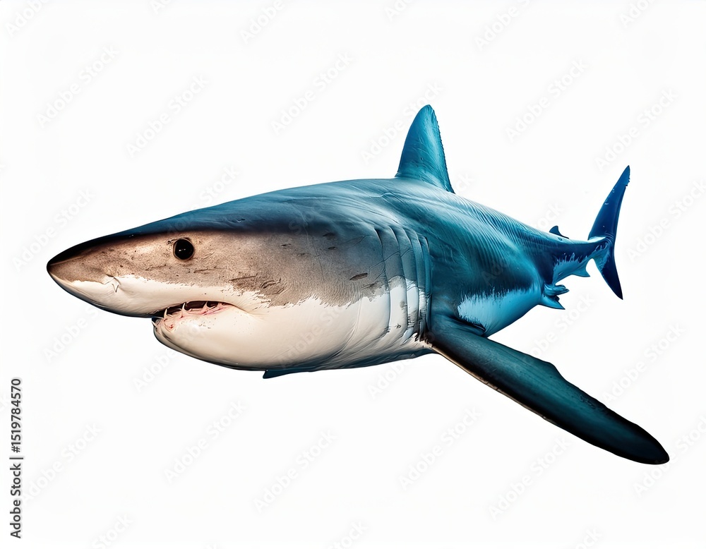 Fototapeta premium Great White Shark Isolated on White Background – High Resolution Close-Up