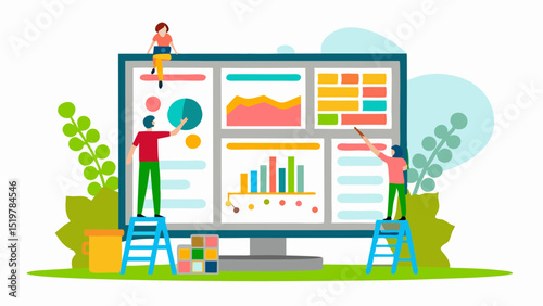 Collaborative Data Analysis A team interprets graphs and charts uncovering insights and trends in a bold