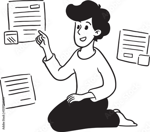 Hand-drawn vector illustration of a boy sitting and happily using a laptop. Perfect for themes of online education, remote learning, gaming, technology, or childhood digital activity.