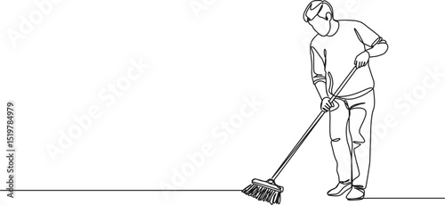 continuous single line drawing of man using broom to sweep floor, line art vector illustration