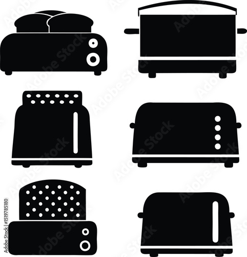 Vector black silhouette icon set of toasters and small kitchen appliances, including pop-up toasters with bread and buttons, ideal for food prep, cooking, home appliance, and breakfast themes