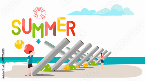 A vibrant summer beach scene with colorful lettering and people enjoying the seaside with flat vector art
