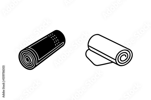 Rolled yoga mats in black and white minimalist icon style on white background