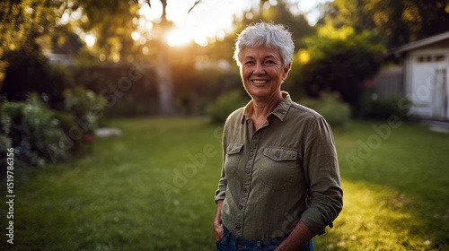Happy Senior Woman with Gray Hair Smiling Outdoors at Home