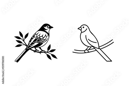 Minimalist black and white illustrations of two birds perched on branches against white background