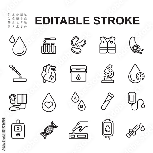 Collection of blood related icons. Thin line style vectors. Contains icons such as blood donor, laboratory, blood transfusion, blood bag and many more.