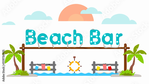 Escape to the whimsical Beach Bar a tropical paradise with cool blue lettering and gentle cartoon sunset and