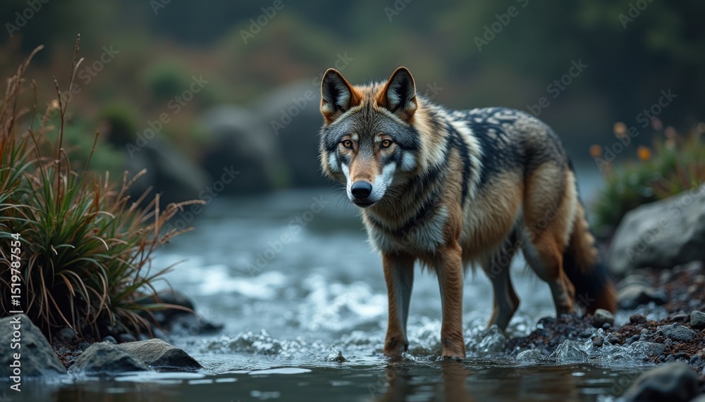 Obraz premium Majestic Gray Wolf Positioned Near Forest Stream