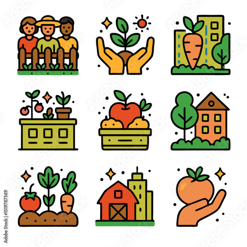 Urban farming icon set for gardening enthusiasts. Perfect for websites, blogs, infographics, and social media posts related to sustainable living.