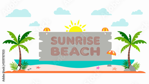 Welcoming Sunrise Beach with golden sun peeking above sandy shores beckon with whimsical beach umbrellas and