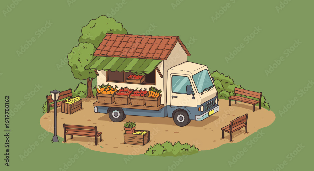 Obraz premium Farmers market truck with produce and benches