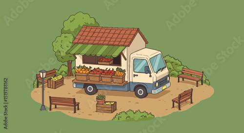 Farmers market truck with produce and benches