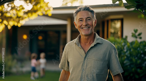Smiling Senior Man with a Child in the Background at Home