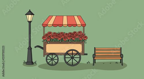 Flower cart bench and lamppost in park scene
