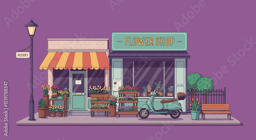 Flower shop on street with scooter illustration