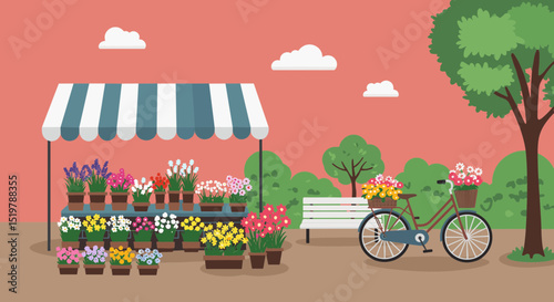 Flower shop display, bicycle with flowers, outdoor setting