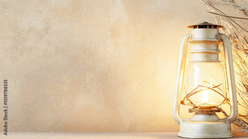 Obraz premium Vintage lantern with warm flame illuminates soft background, creating cozy atmosphere