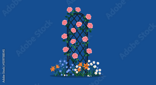 Garden flowers with rose trellis and blue backdrop