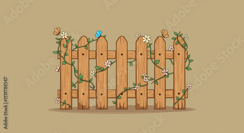 Garden fence with flowers and butterflies scenery