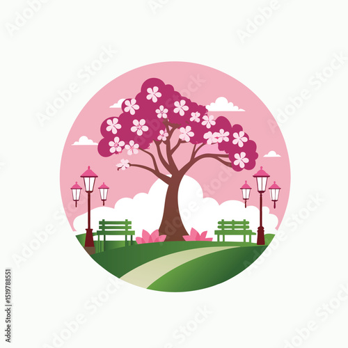 Vector icon of pink cherry blossom park on white background with Adobe Illustrator Artwork