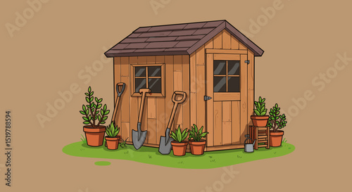 Garden shed with plants and tools outdoor