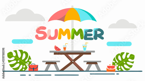 A colorful summer picnic scene with tropical leaves drinks and beach vibes under a cheerful pastel umbrella
