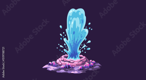 Geyser water eruption with rocks and stones around