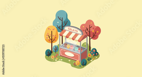 Gelato stand in park with trees and flowers