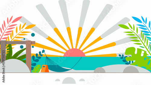 A calming beach getaway with a hammock sun rays and vibrant foliage evoking tranquility and peace in a graphic