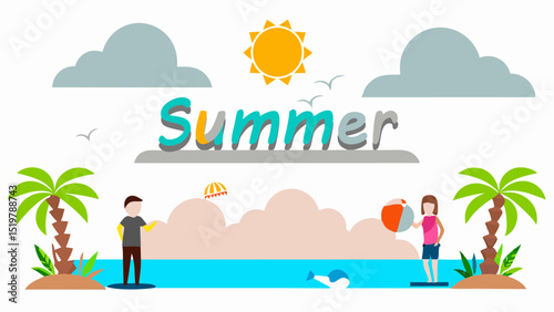 Enjoying a blissful summer day on the beach with palm trees sunshine clouds and happy people in cartoon flat