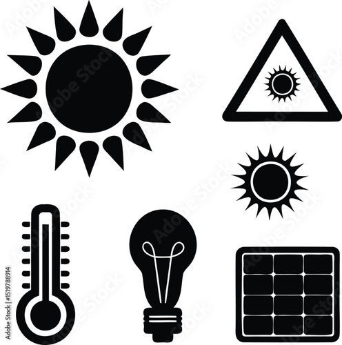 Vector set of black silhouette icons including sun, solar panel, thermometer, and light bulb, representing solar energy, temperature, renewable power, and environmental safety concepts